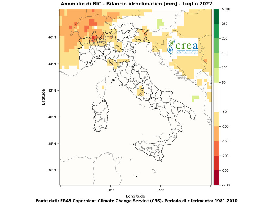 Figura 8 - Bilancio idroclimatico anomalie (b, dx) - luglio (in alto) e agosto (in basso) 2022