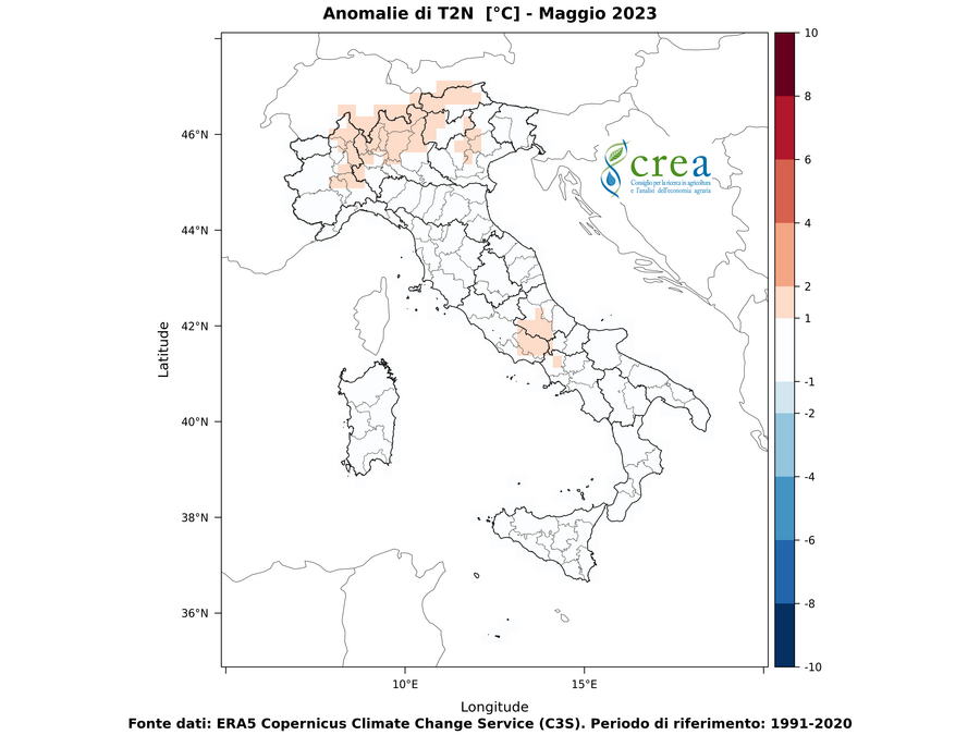 Figura 1 - Anomalie di temperature minime (a, sx) - maggio 2023