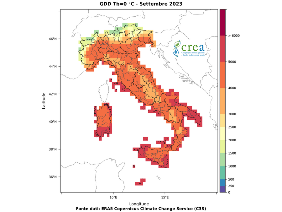 Figura 3 - Sommatorie termiche con soglia 0 °C (a, sx)-  settembre 2023