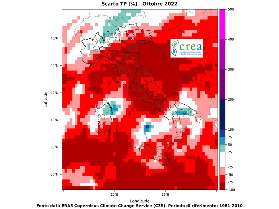 Figura 5 - Precipitazioni cumulate in mm anomalie in % (b, dx) - ottobre 2022