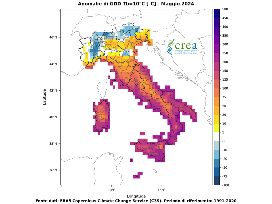 Figura 4 - Sommatorie termiche con soglia 10 C anomalie (b, dx) - maggio 2024