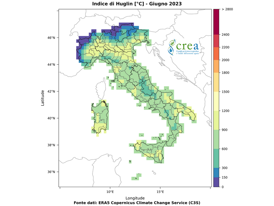 Figura 10 - Indice di Huglin (a, sx) e anomalie (b, sx) - giugno 2023