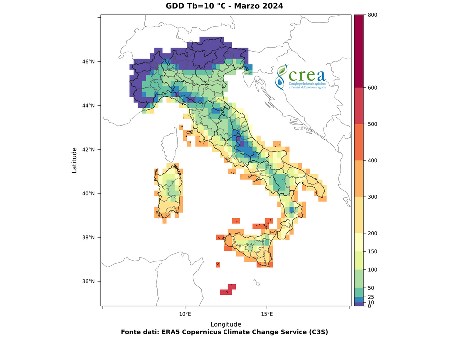 Figura 4 - Sommatorie termiche con soglia 10 C (a, sx) - marzo 2024