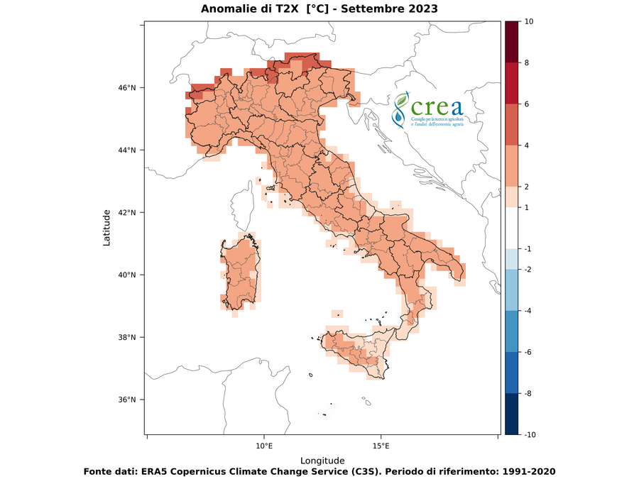 Figura 1 - Anomalie di temperature massime (b, dx) - settembre 2023
