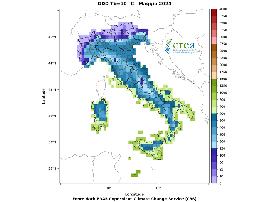 Figura 4 - Sommatorie termiche con soglia 10 C (a, sx) - maggio 2024