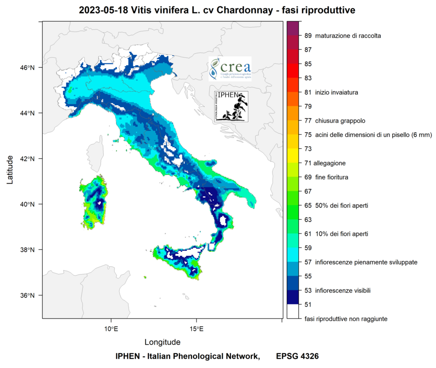 Figura 9 - Carte fenologiche di vite cv. Chardonnay nella seconda decade di maggio per il 2023 (a) e il 2022 (b)