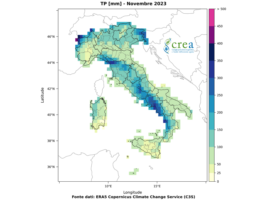 Figura 5 - Precipitazioni cumulate in mm (a, sx)  - novembre 2023