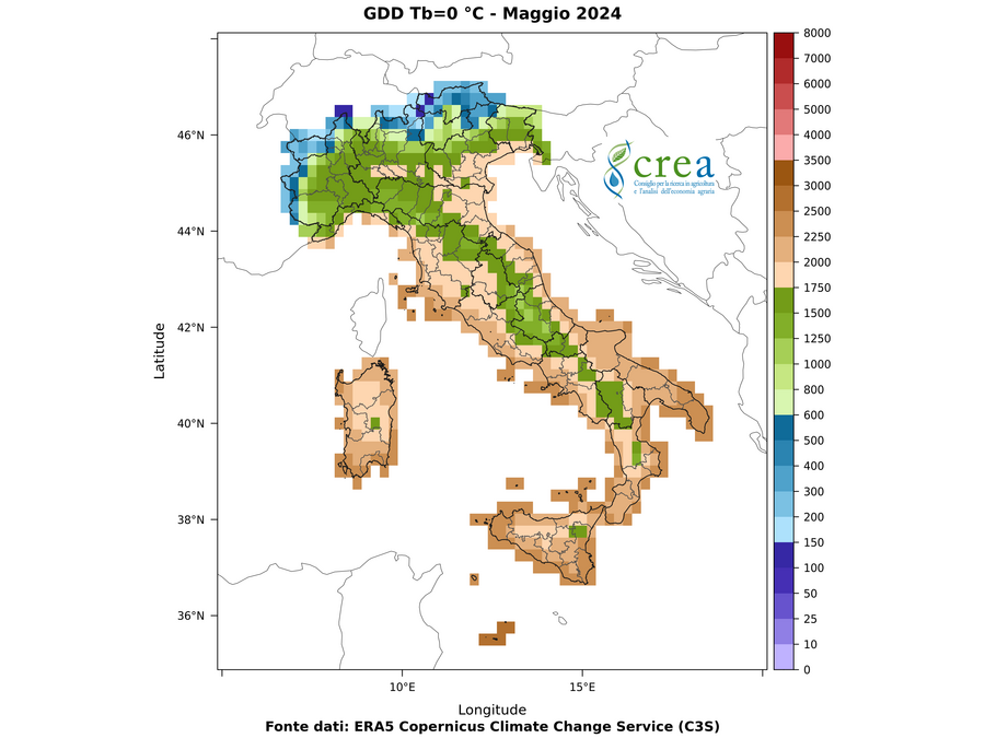 Figura 3 - Sommatorie termiche con soglia 0 C (a, sx) -  maggio 2024