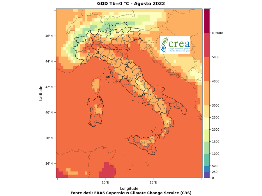 Figura 3 - Sommatorie termiche con soglia 0 C (c, sx) - luglio (in alto) e agosto (in basso) 2022.