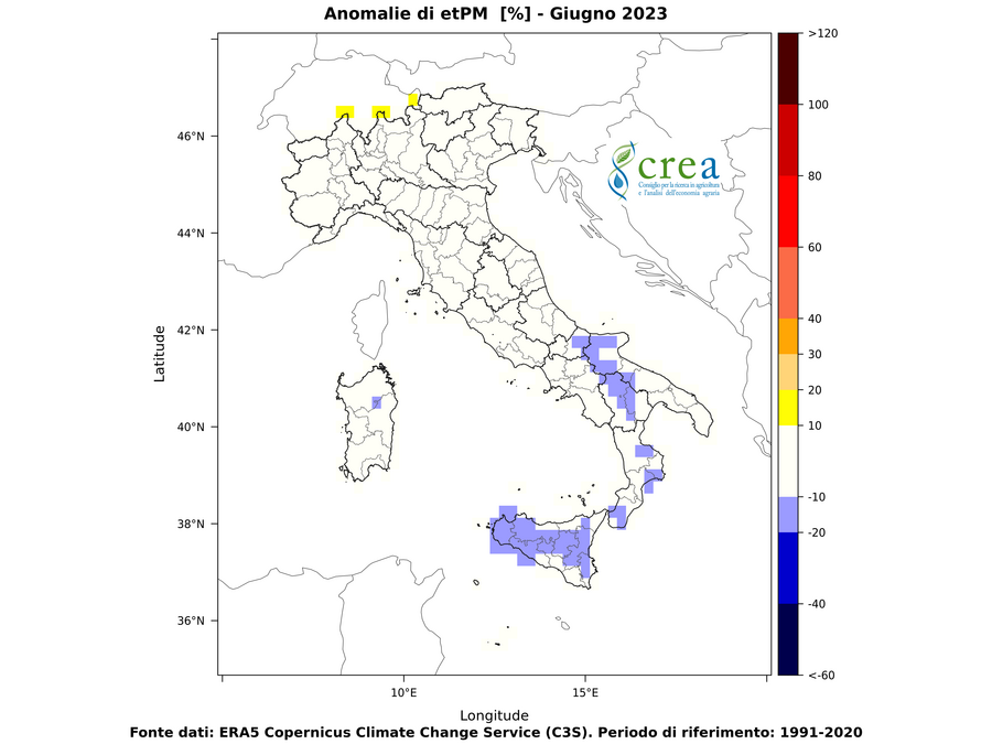 Figura 7 - Evapotraspirazione di riferimento in mm anomalia (b, dx) - giugno 2023