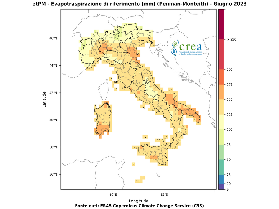 Figura 7 - Evapotraspirazione di riferimento in mm (a, sx) - giugno 2023