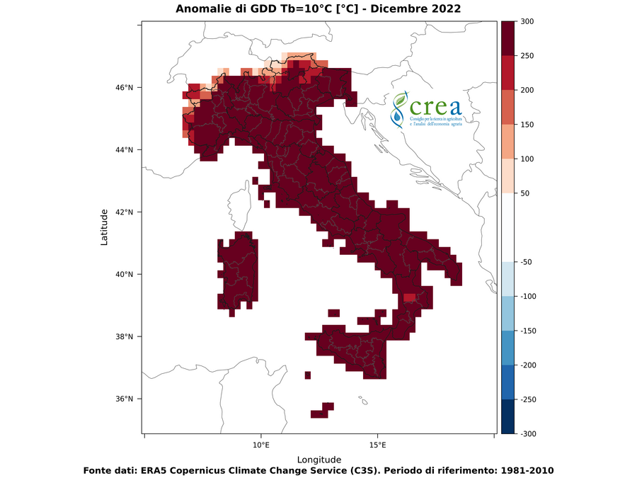 Figura 4 - Sommatorie termiche con soglia 10 C anomalie (b, dx) - dicembre 2022
