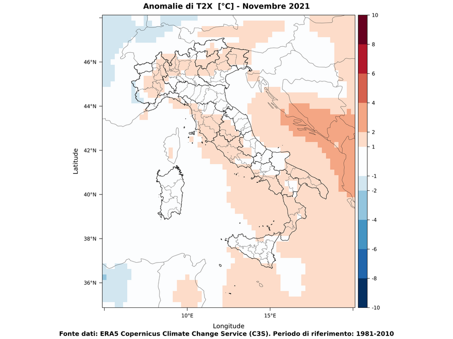 Anomalie di temperature massime - novembre 2021